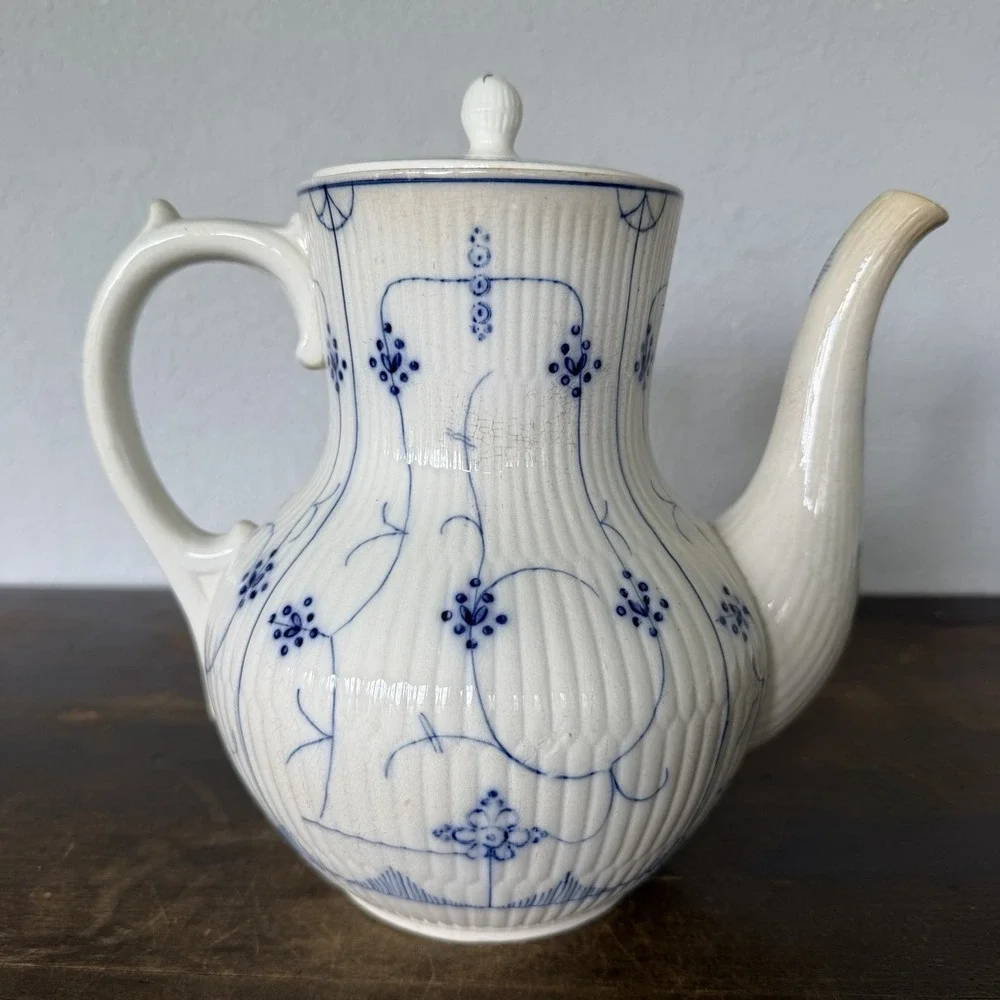 Antique French Sarreguemines Copenhagen Blue Fluted Coffee Pot Teapot 19thC 8